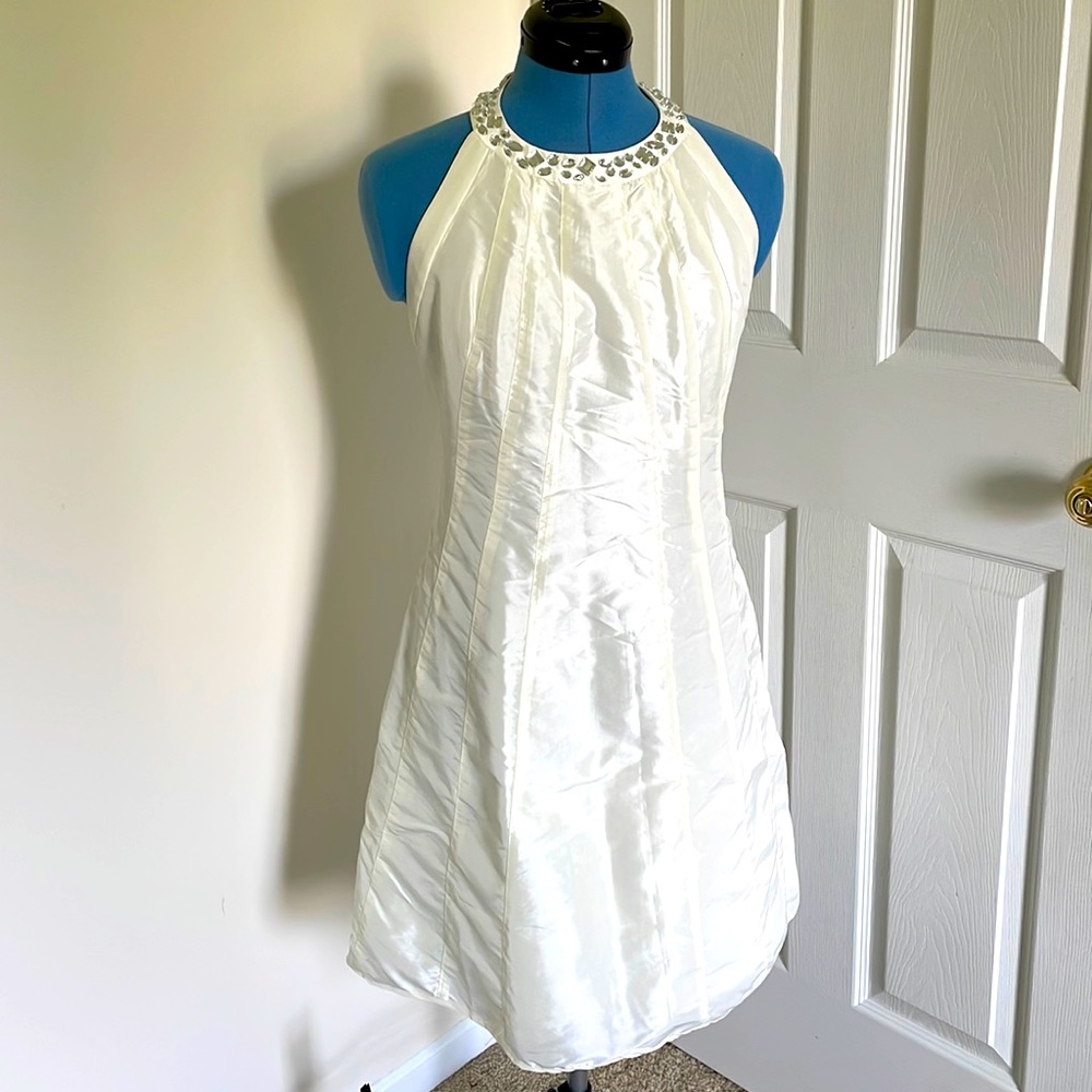Ivory taffeta halter dress with rhinestone neckline